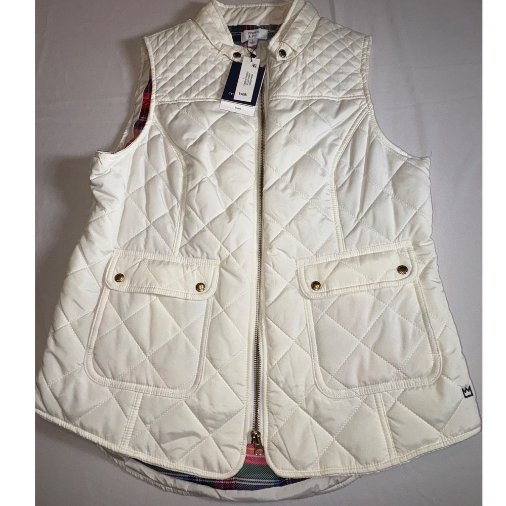 Crown & Ivy Womens Quilted Vest Ivory White Plaid Lined Full Zip Large NWT